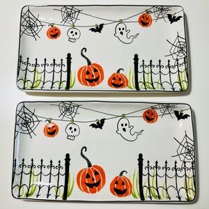 2 NWT Halloween Skeleton Pumpkin Ghost Bat Serving Platters Set